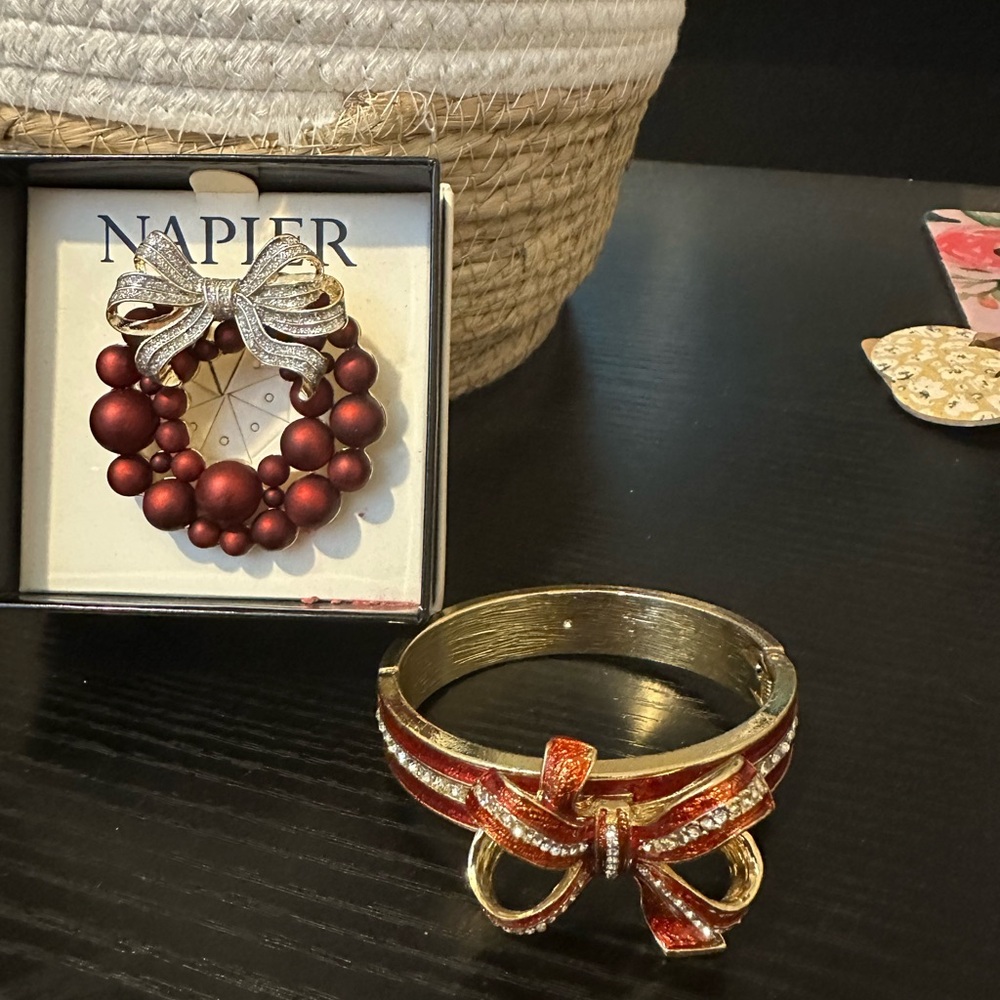 Napier Red and Gold Bow Brooch Set